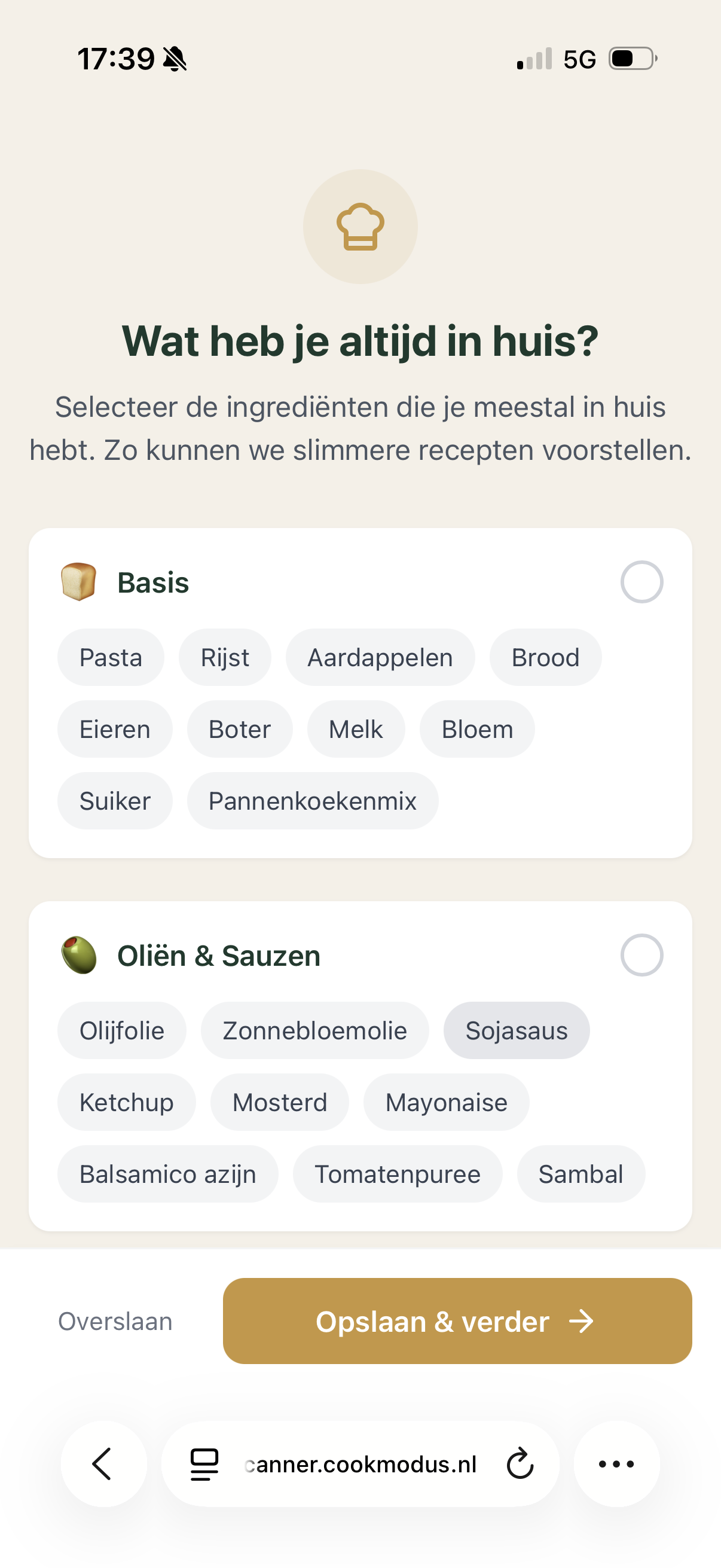 CookModus app - selecteer je basisvoorraad ingrediënten